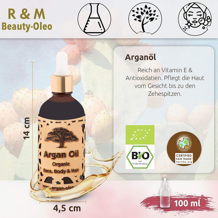 R&M Beauty-Oleo 1x Rizinus-Öl & 1x Argan-Öl - 100% Bio & Fair Trade - für Wimpern, Haare, Haut, Bart