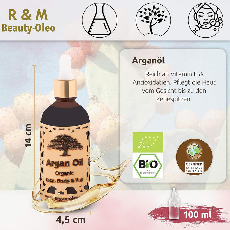 R&M Beauty-Oleo 1x Rizinus-Öl & 1x Argan-Öl - 100% Bio & Fair Trade - für Wimpern, Haare, Haut, Bart