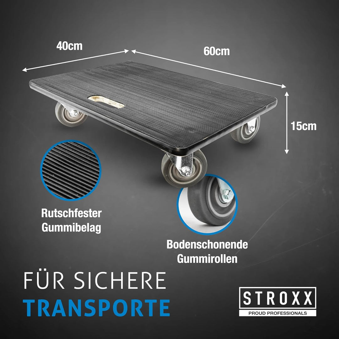 STROXX – 4X Transportroller mit 2000KG (500kg pro Roller) Traglast (600 x 400 x 145mm) – Rollbrett m