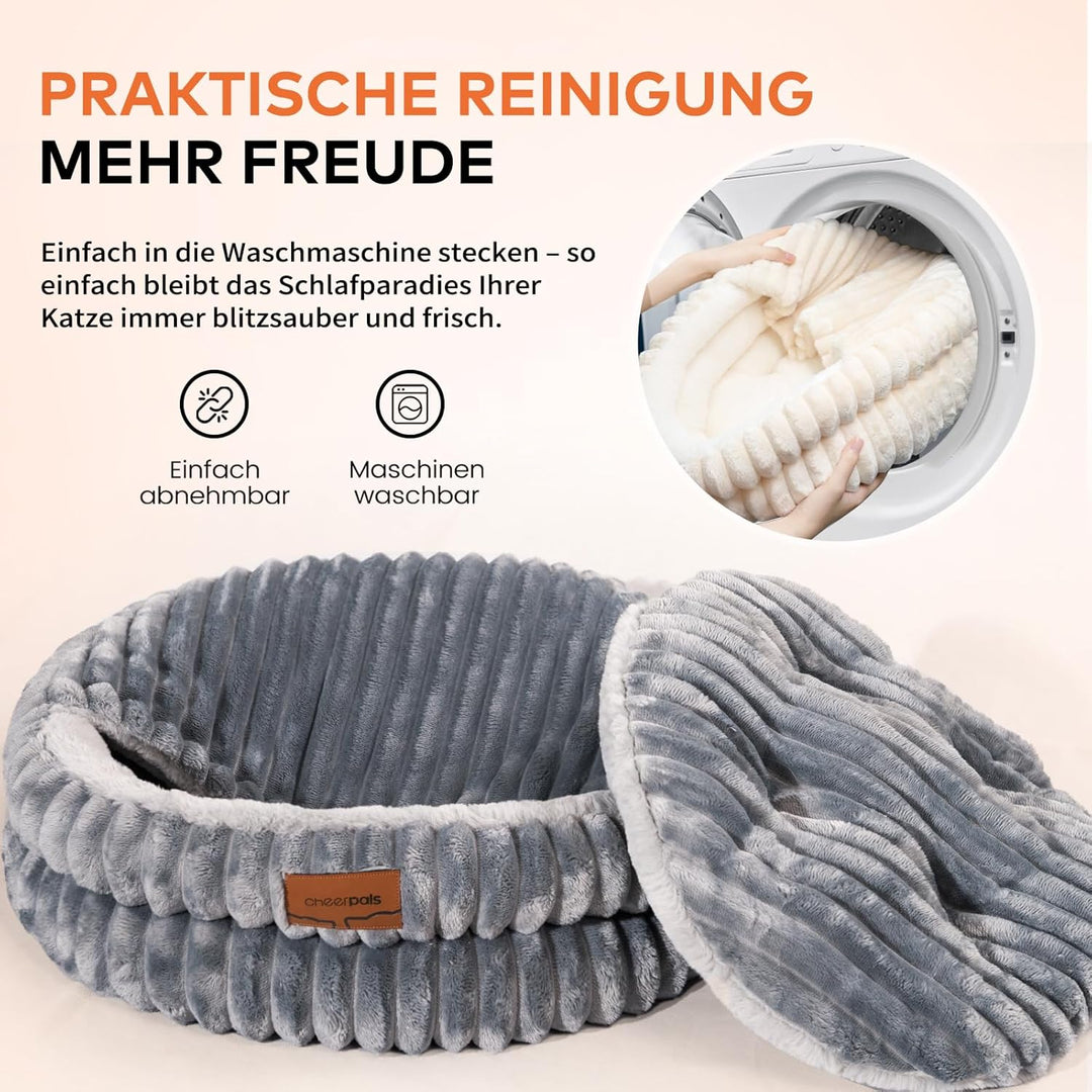 CheerPals Katzenbett mit Deckel 50cm, Waschbar Kuschelhöhle, Winterversteck mit Hochelastischer Schl