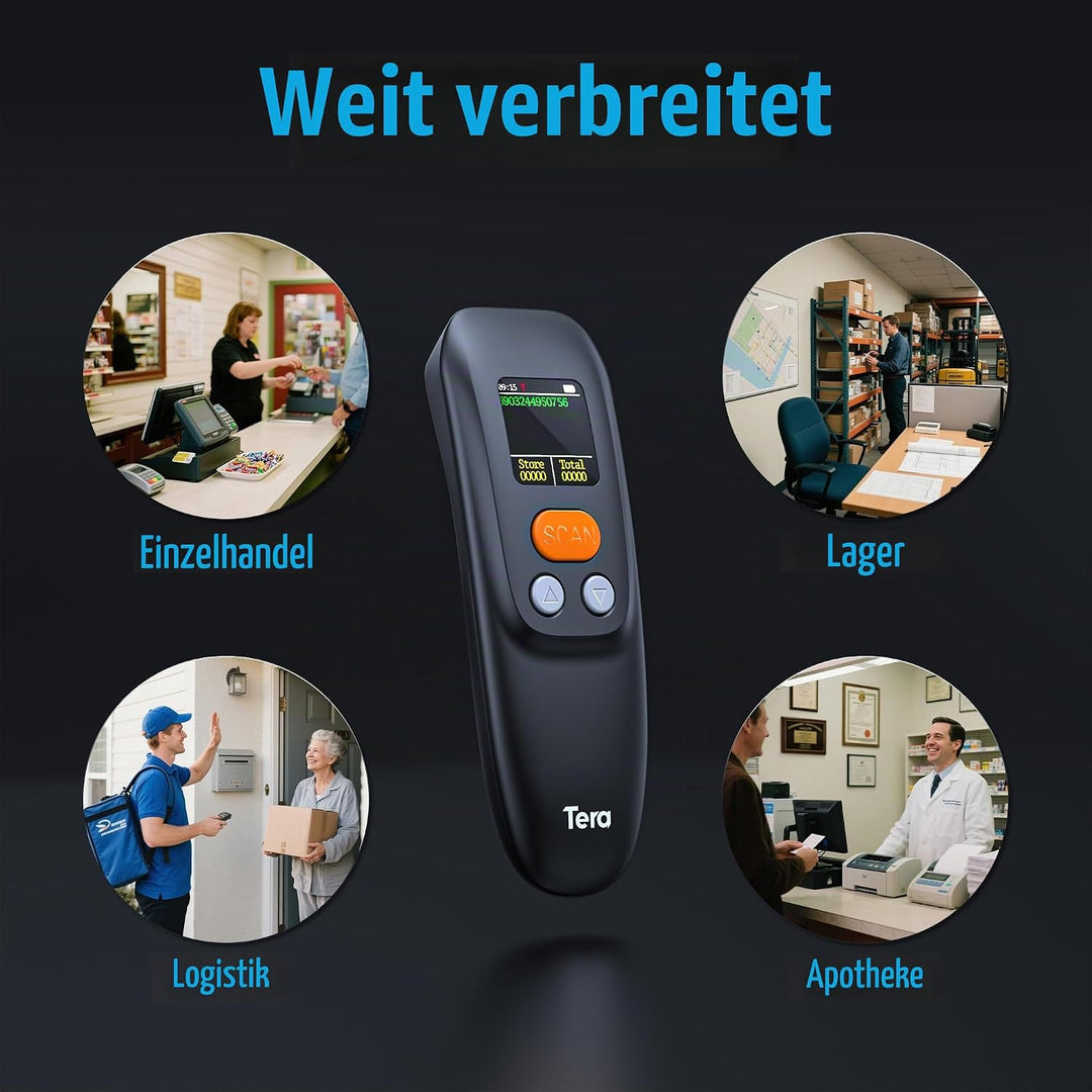 Tera Tragbar Barcode Scanner Mini: 1D 2D QR 1200mAh Akku mit Taste 1.4" Display &amp; Ladestation Handhe