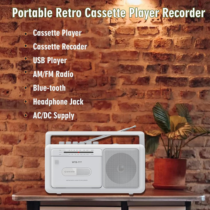 Tragbare Kassettenspieler Boombox,Vintage-AM/FM-Stereoradio mit Bluetooth, USB, Kopfhöreranschluss,