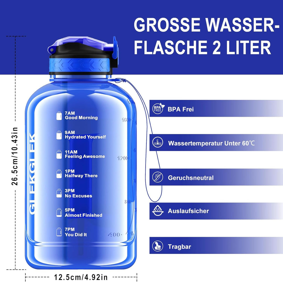 Wasserflasche 2 Liter mit Strohhalm, Motivierende Trinkflasche Sport für Fitnessstudio, Büro, Bau, W