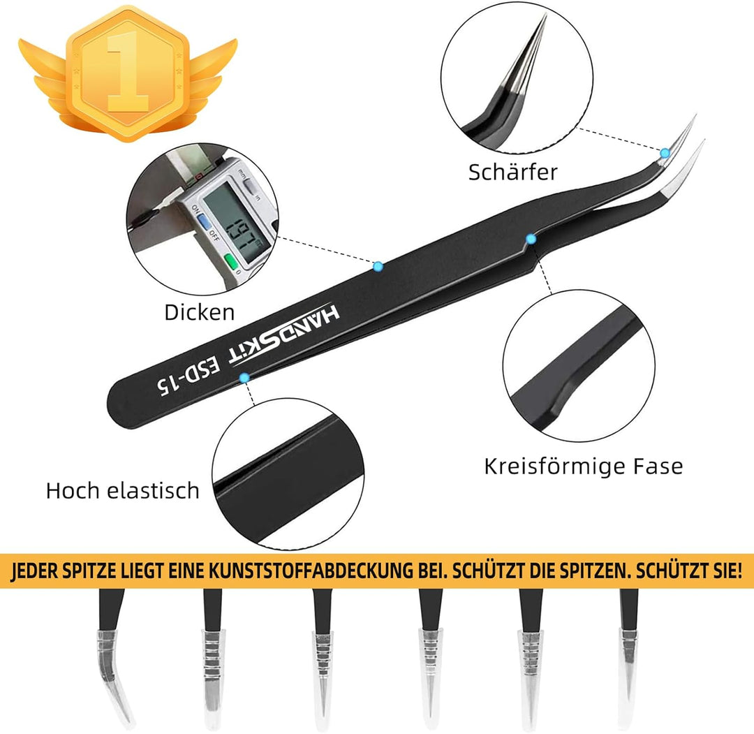 Präzisionspinzette Set, 6-teilig, Edelstahl Anti-statisch Nicht-magnetische Pinzetten, für Elektroni