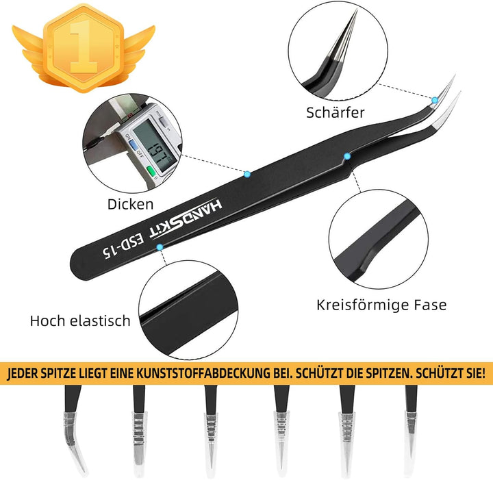 Präzisionspinzette Set, 6-teilig, Edelstahl Anti-statisch Nicht-magnetische Pinzetten, für Elektroni