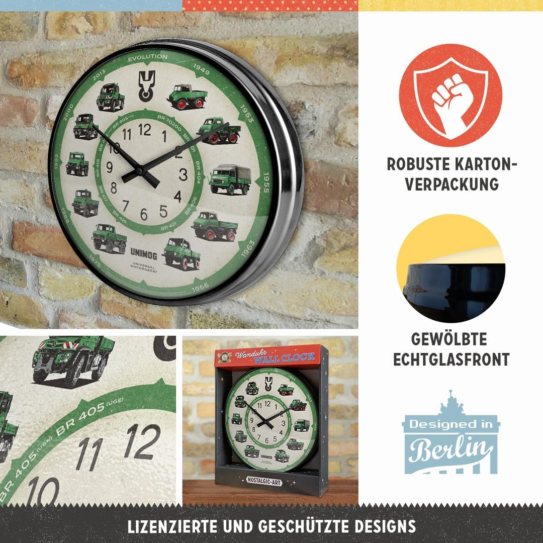 Nostalgic-Art Retro Wanduhr, Ø 31 cm, Daimler Truck – Unimog Model Chart – Geschenk-Idee für Trucker