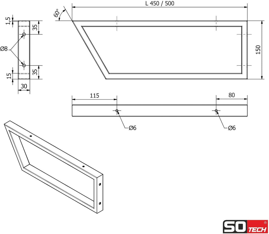 SOTECH Waschtischkonsole TWK450 mm Vorderseite 60° abgeschrägt Edelstahl poliert, Design-Waschtischh