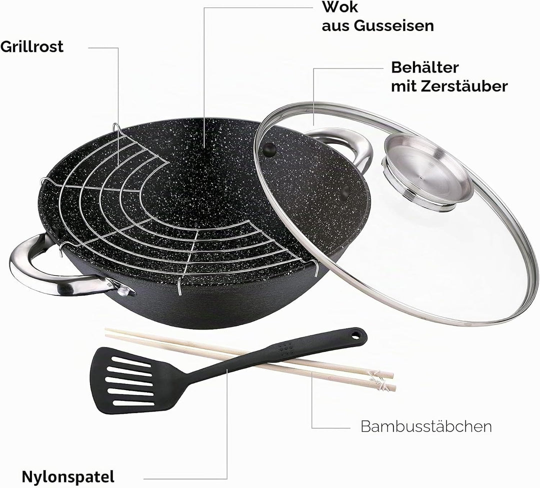 Renberg - Wasabi Wok Gusseiserne Wokpfanne 28cm| Mit Marmorbeschichtung| Mit Glasdeckel| Mit Nylonsp