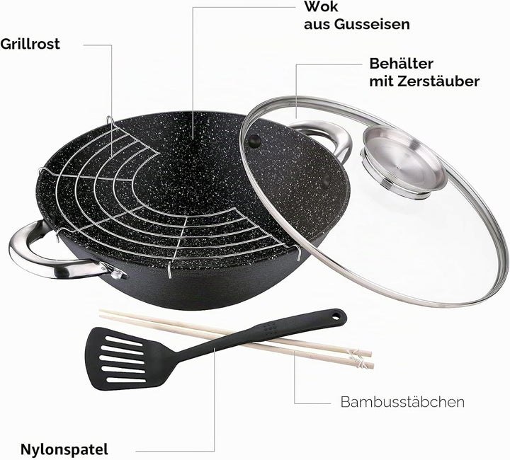 Renberg - Wasabi Wok Gusseiserne Wokpfanne 28cm| Mit Marmorbeschichtung| Mit Glasdeckel| Mit Nylonsp