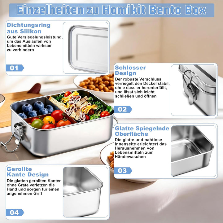 Homikit Brotdose mit Fächern 2er Set, 850ml Edelstahl Lunchbox Bento Box Erwachsene, Auslaufsicher M