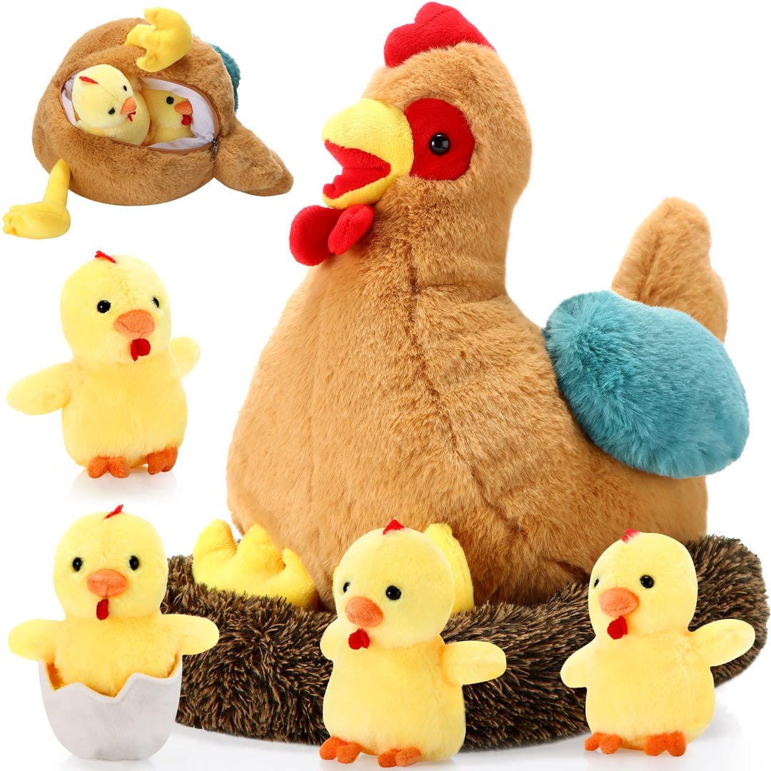 Skylety 25 cm Plüsch Ei Huhn mit Bauch mit Reissverschluss Hühnernest und Klein Baby Küken Stofftier