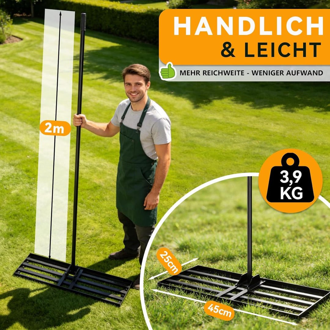 Warmfay Rasenrechen 45x25 cm inkl. 2M Verstellbarem Metallstiel mit Gewinde-Verschraubungssystem, Ha