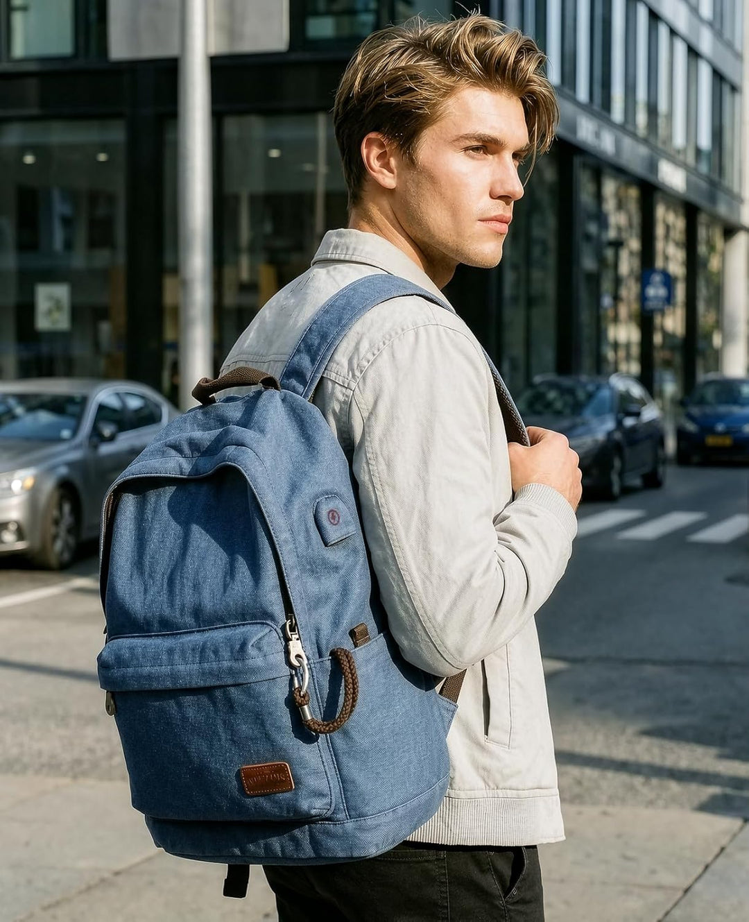 Muzee Canvas Rucksack, Leichter Anti-Diebstahl-Reise-Rucksack mit USB-Ladeanschluss für Herren Damen