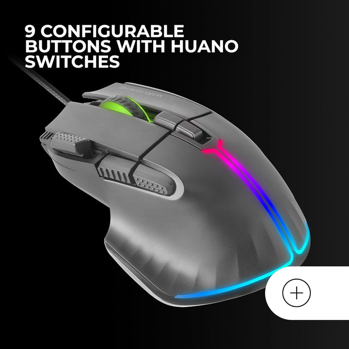 Mars Gaming MMXT, RGB-Gaming-Maus, Ergonomisches Design mit Daumenauflage, 12800DPI Optischer Sensor