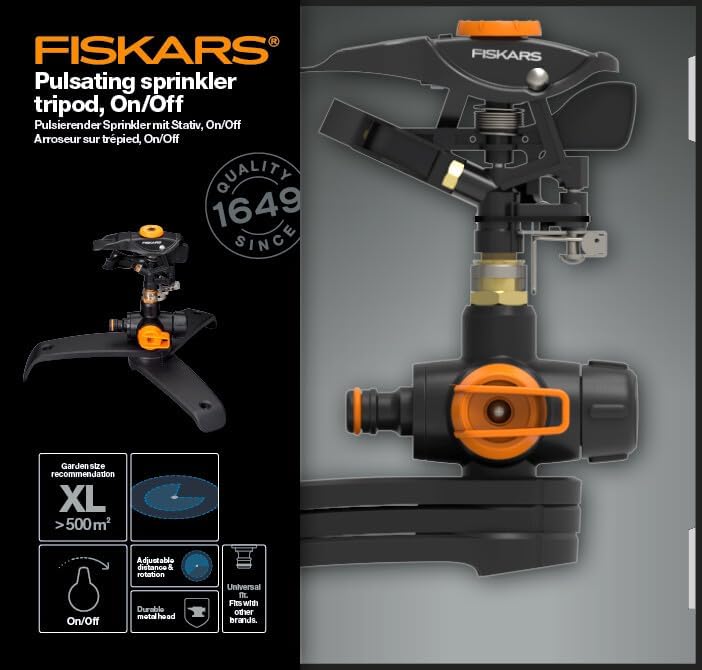 Fiskars Pulsierender Sprinkler XL, On/Off-Ventil, Mit Sprühbildkontrolle und Rotationskontrolle, Uni