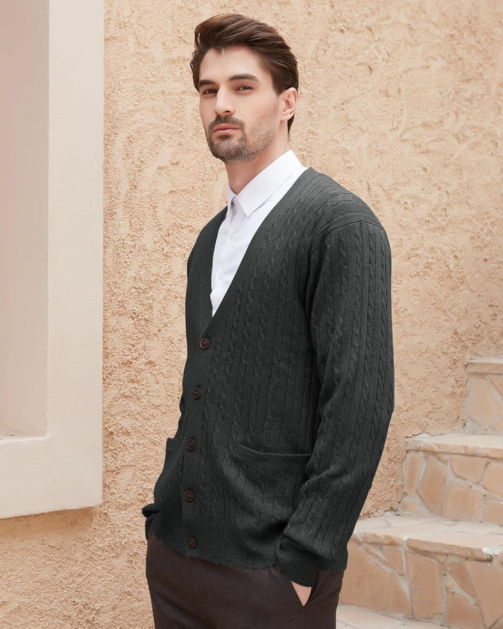 Kallspin Herren Strickjacke aus Wollmischung Zopfstrick Cardigan mit Knopfverschluss und Taschen S D