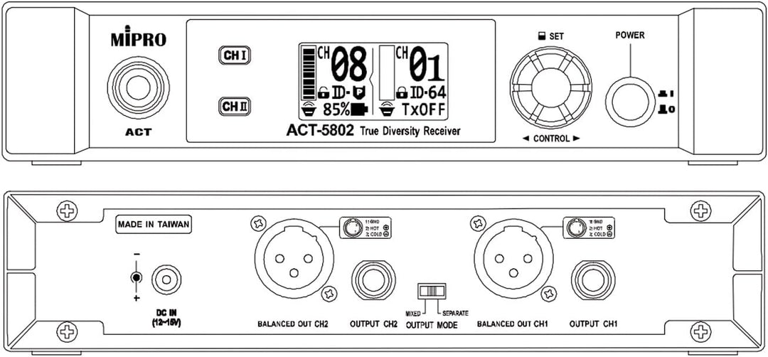 Mipro ACT-5802 Digitaler Drahtloser 2-Kanalempfänger 5,8 GHz+ TA-58 Anstecksender für Mikrofone