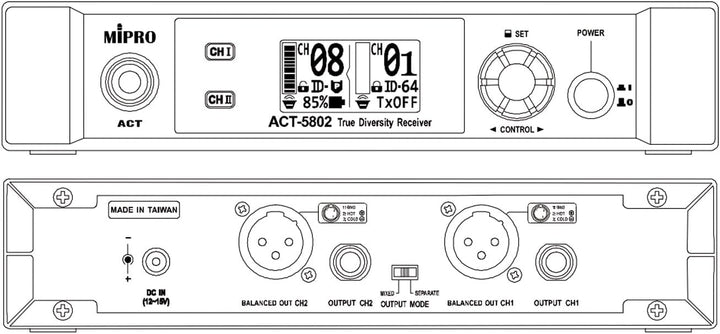 Mipro ACT-5802 Digitaler Drahtloser 2-Kanalempfänger 5,8 GHz+ TA-58 Anstecksender für Mikrofone