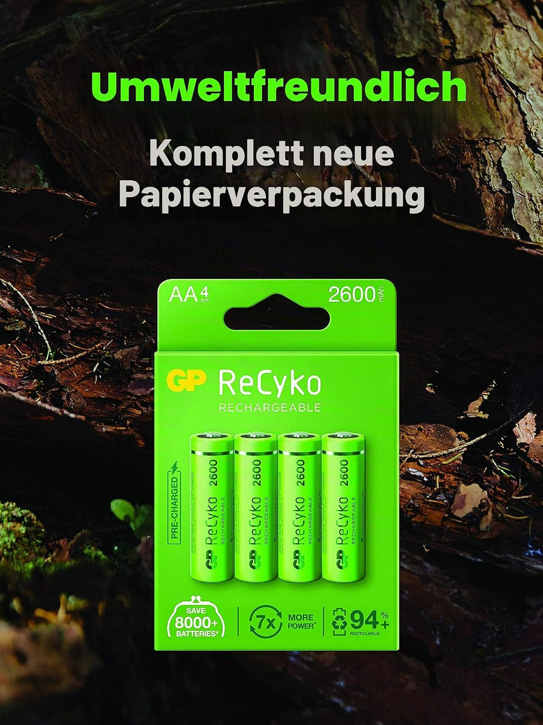 GP ReCyko + Paco 4 wiederaufladbare AA-Batterien der Serie 2600, NiMH, min. 2600mAh 120.270AAHC-C4 C