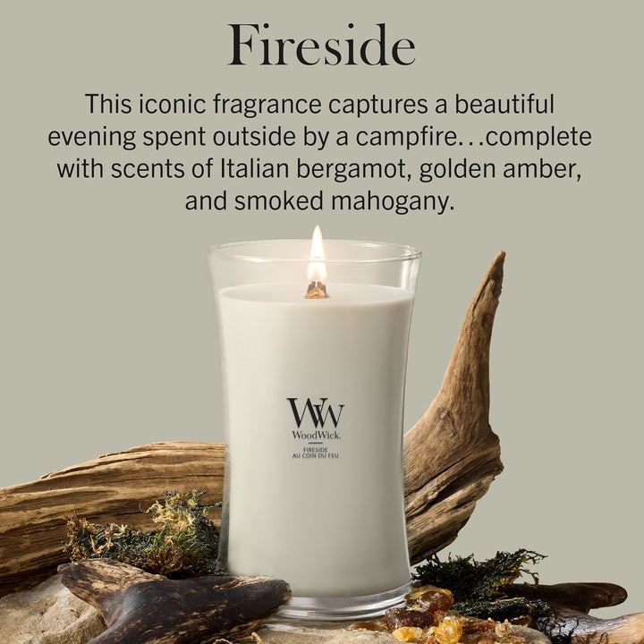 Grosse WoodWick Duftkerze im Sanduhrglas mit knisterndem Docht, Fireside, bis zu 130 Stunden Brennda
