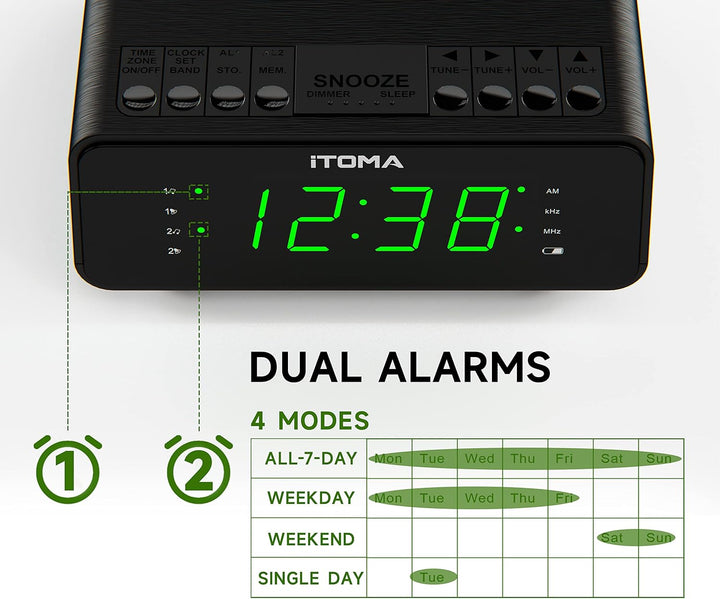iTOMA Wecker mit AM/FM-Radio, 4-Stufen-Dimmer, Schlummerfunktion, Dual-Wecker, Einschlaf-Timer und l