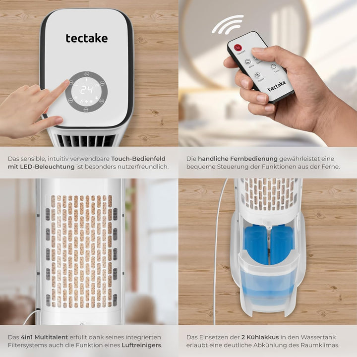 tectake® Luftkühler, 4in1, extrem leise, energiesparend, mit 5 l Wassertank, Touch-Display, 3 Modi,