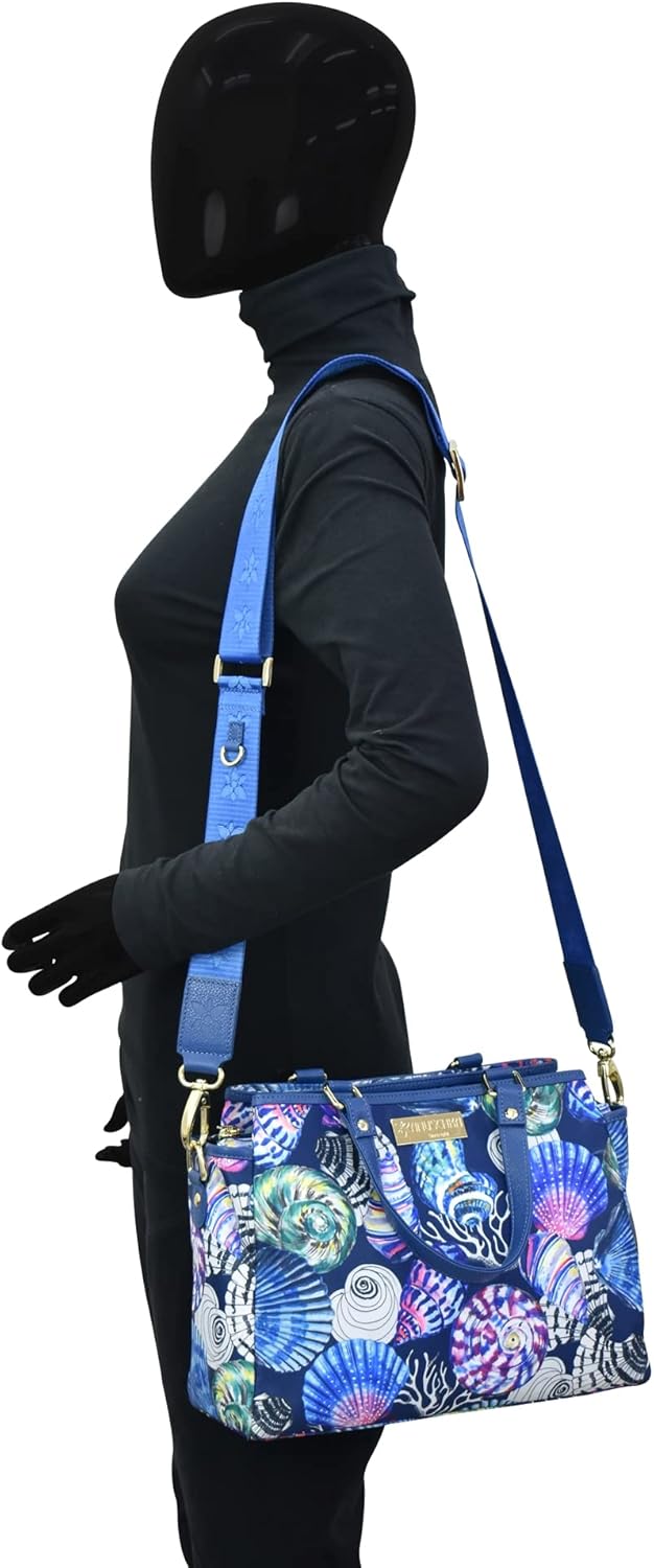 Anuschka Satchel mit Fächern - Wanderlust Kollektion - Nylonstoff mit Leader Trim und Kunstdruck Sea