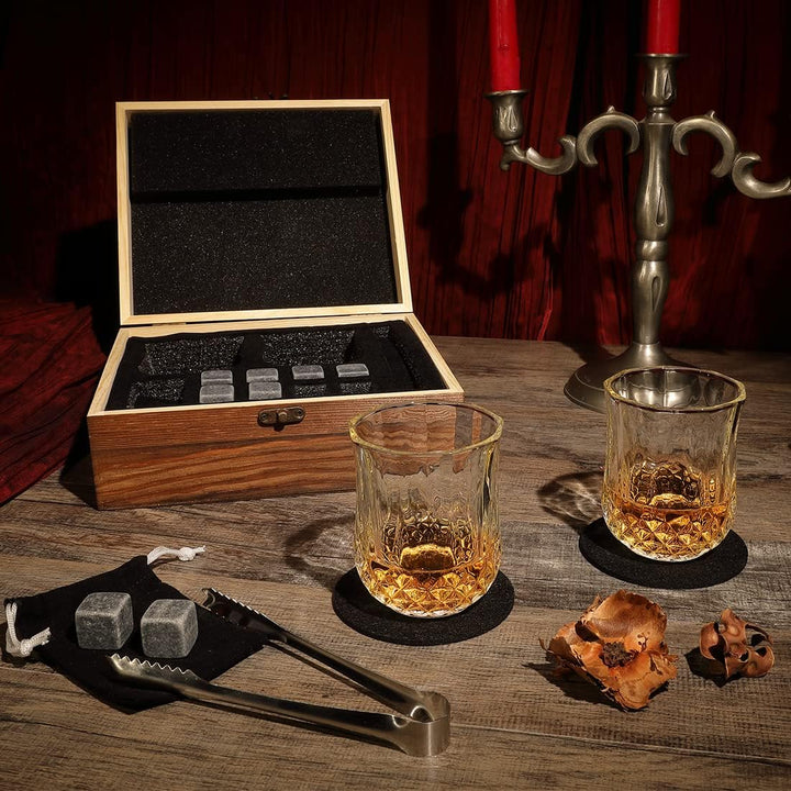 7-TLG Whisky Steine Set mit Wunschgravur - Motiv: Weltkarte - personalisierte Kiste - 2X Tumbler, 9X