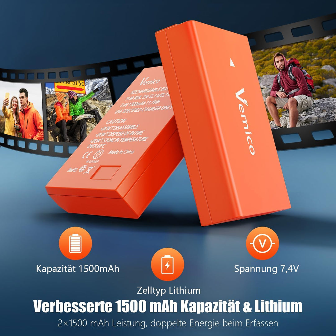Vemico EN-EL14 EN-EL14A Akku Ladegerät Kit 2 Pack 1500mAh Ersatzakkus Typ C LCD Dual Ladegerät für N