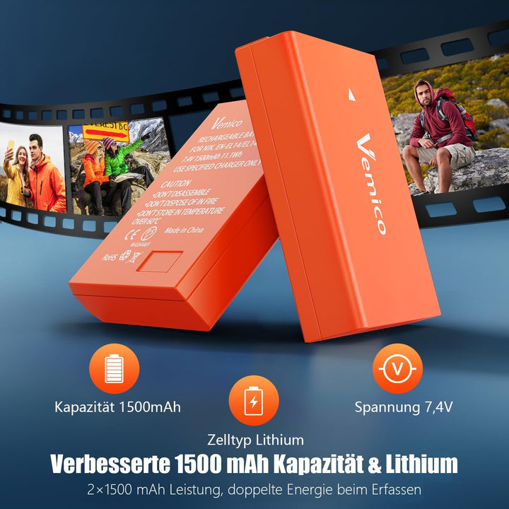 Vemico EN-EL14 EN-EL14A Akku Ladegerät Kit 2 Pack 1500mAh Ersatzakkus Typ C LCD Dual Ladegerät für N