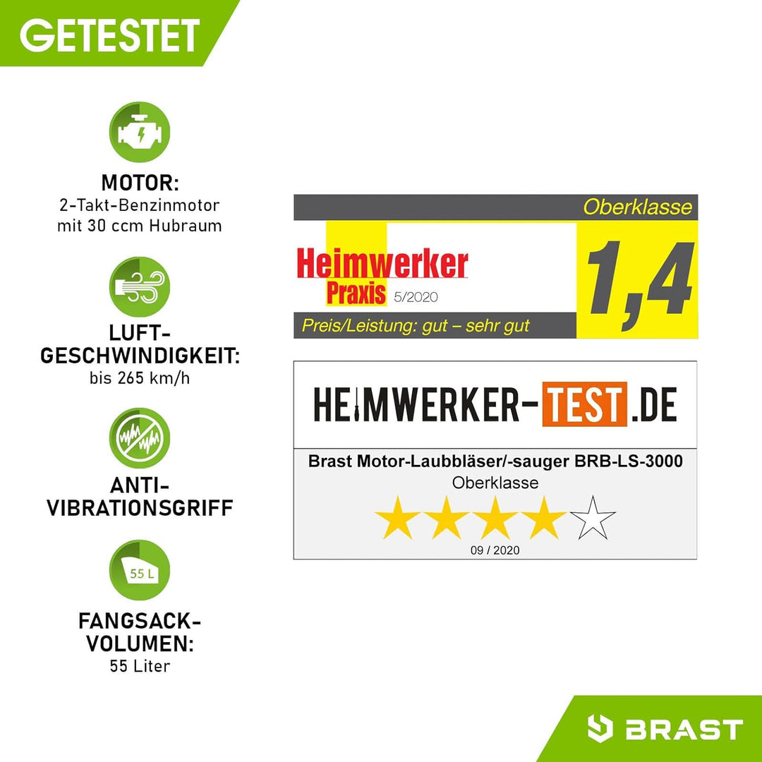 BRAST® Laubsauger Laubbläser Benzin 1,0kW(1,36PS) | 55L Fangsack | inkl. 2 Blasrohre, Schultergurt &