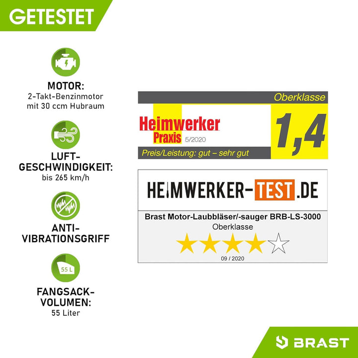 BRAST® Laubsauger Laubbläser Benzin 1,0kW(1,36PS) | 55L Fangsack | inkl. 2 Blasrohre, Schultergurt &