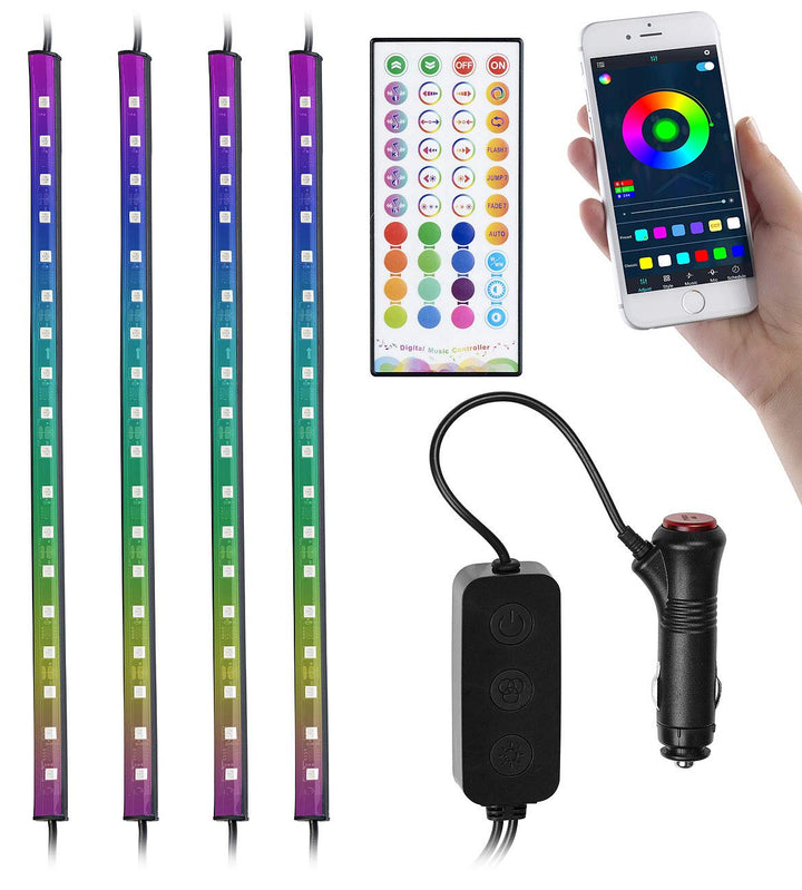 Lescars Auto LED: 4er-Set Kfz-LED-RGB-Streifen mit Fernbedienung, Bluetooth, App (Auto Innenbeleucht