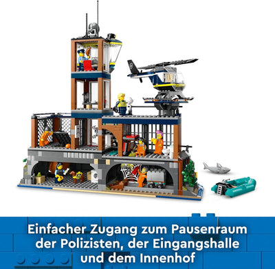 LEGO City Polizeistation auf der Gefängnisinsel, Polizei-Spielzeug mit Hubschrauber, Boot und Hai, S