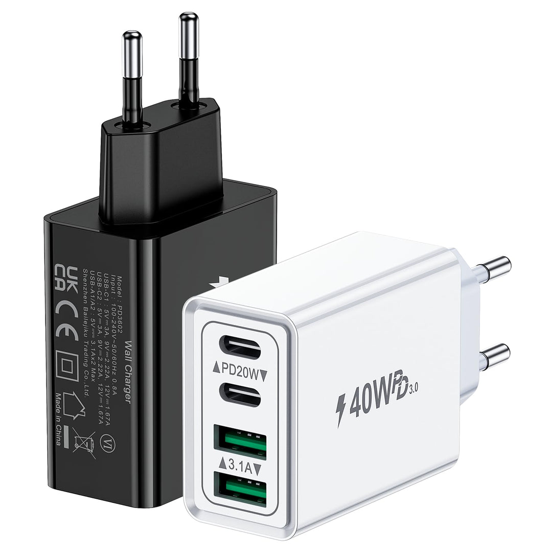 2-Pack USB C Ladegerät, 40W 4-Port Netzteil USBC Fast Charger USB-C Adapter + USB Stecker Schnelllad