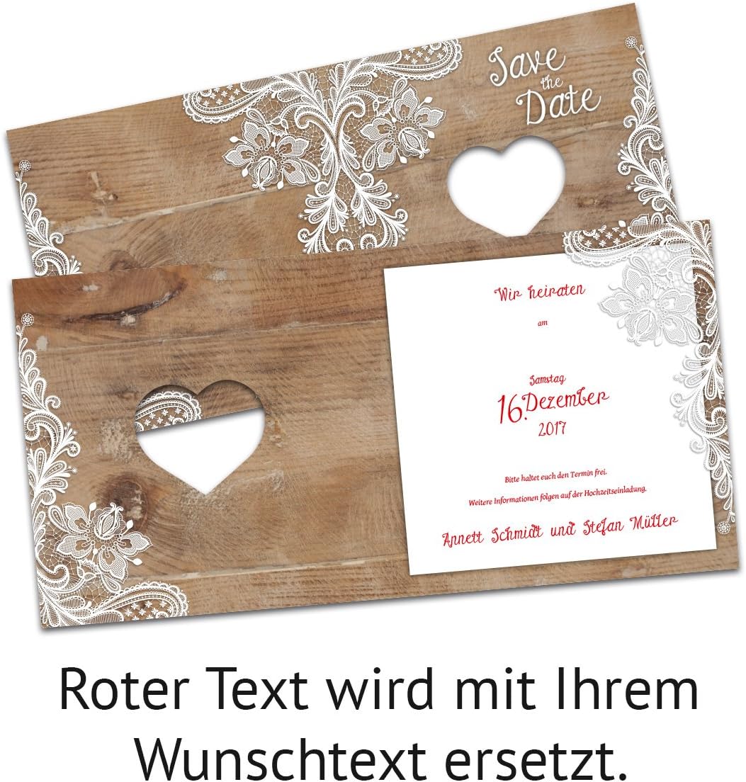 Lasergeschnittene Save the Date Karten (100 Stück) - Rustikal mit weisser Spitze - Hochzeitskarten,