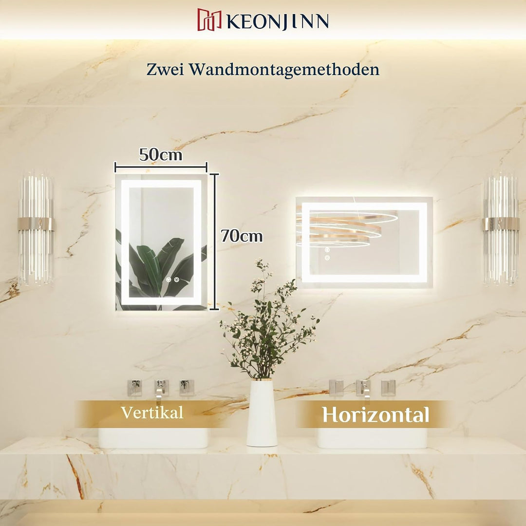 Keonjinn Badspiegel mit Beleuchtung 40x60cm, Badezimmerspiegel Beleuchtet Beschlagfrei Led Bad Spieg