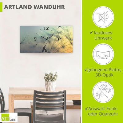 ARTLAND Wanduhr ohne Tickgeräusche Alu Quarzuhr 50x25 cm Rechteckig Lautlos Pusteblume Blumen Sonne