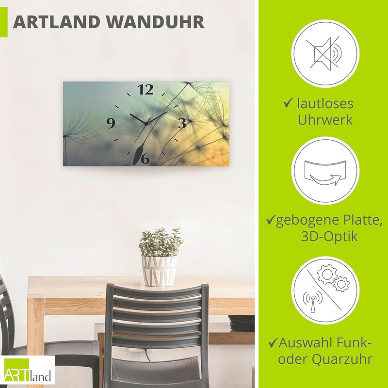 ARTLAND Wanduhr ohne Tickgeräusche Alu Funkuhr 50x25 cm Rechteckig Lautlos Pusteblume Blumen Sonne N