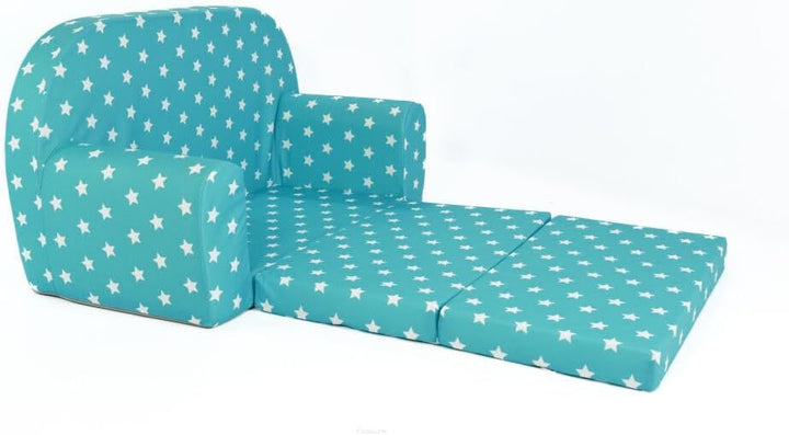 FORTISLINE Kindersofa Mini zum Aufklappen Viele Muster W386 (Türkis Sterne Weiss), Türkis Sterne Wei
