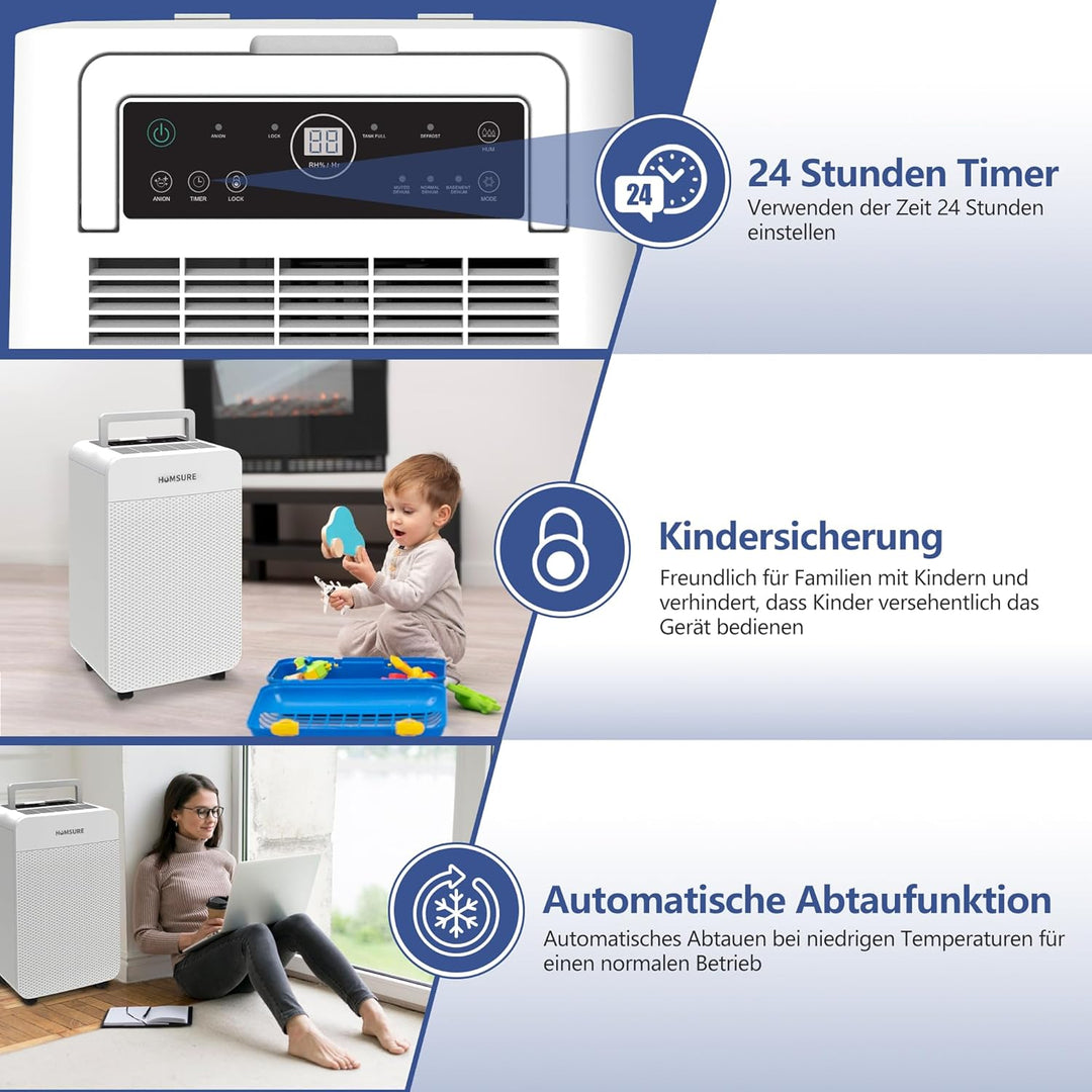 HUMSURE Luftentfeuchter Elektrisch 25L/24H, Luftentfeuchter Kellerräume mit 5,5 Liter Wassertank, Ti