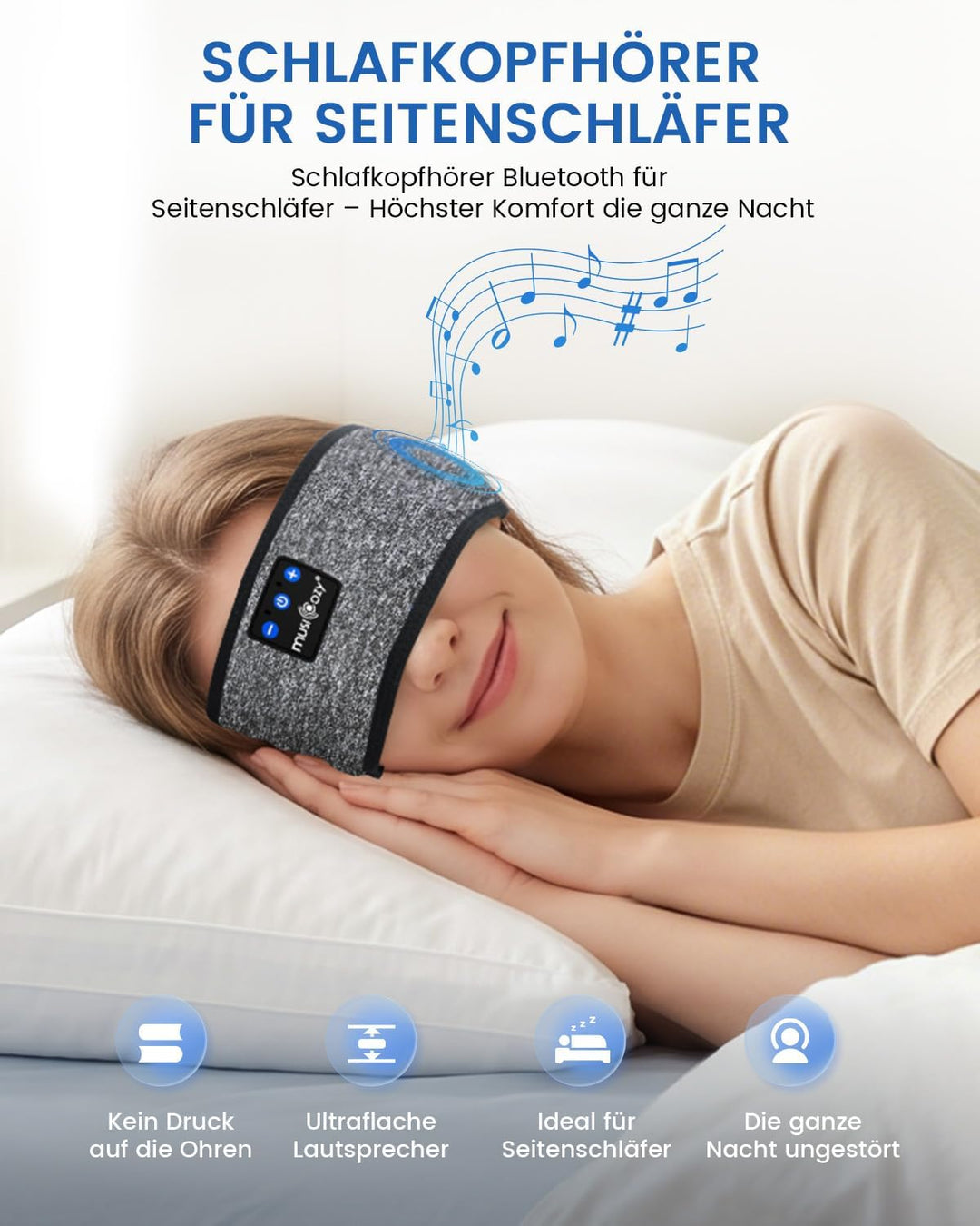 MUSICOZY Schlafkopfhörer Bluetooth 5.4, Bequem &amp; Ultraleicht Stirnband kopfhörer zum Schlafen mit Hi