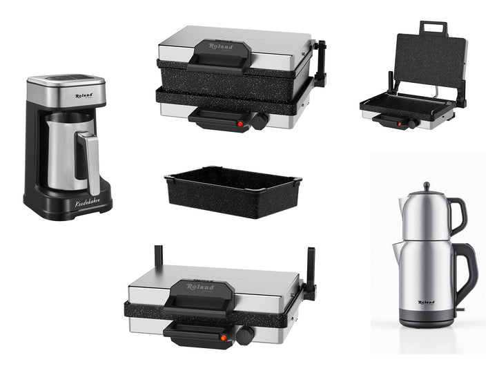 Roland Germany Multigrill, 2000W Elektro-Kontaktgrill, Schwarz, 340x220mm Grillplatten, 5-Stufen Tem