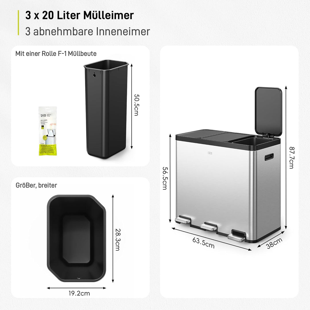 EKO Essential Mülleimer 3 Fächer, 3 x 20 L, Mülltrennsystem Küche, inklusive 20 Müllbeutel, Tretmüll
