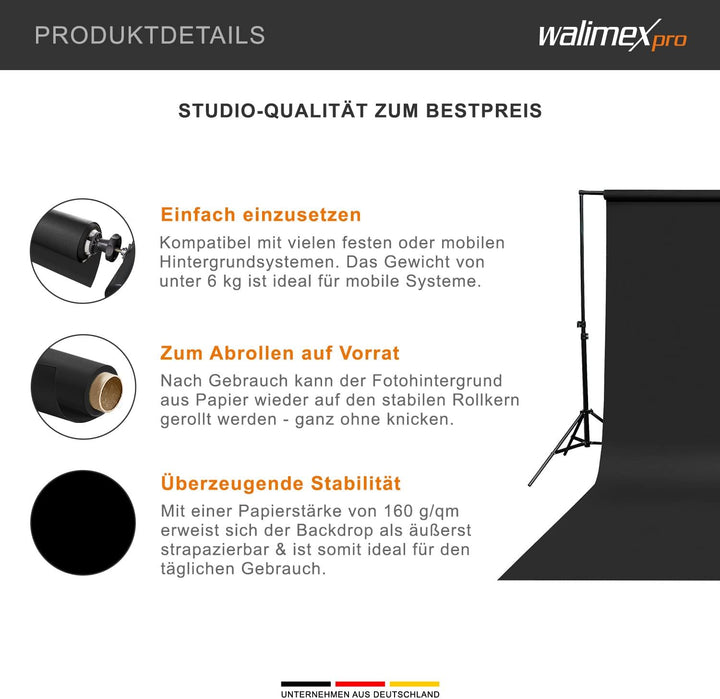 Walimex pro Fotohintergrund aus Karton 1,35x10m, schwarz I Fotoleinwand als Backdrop für den profess