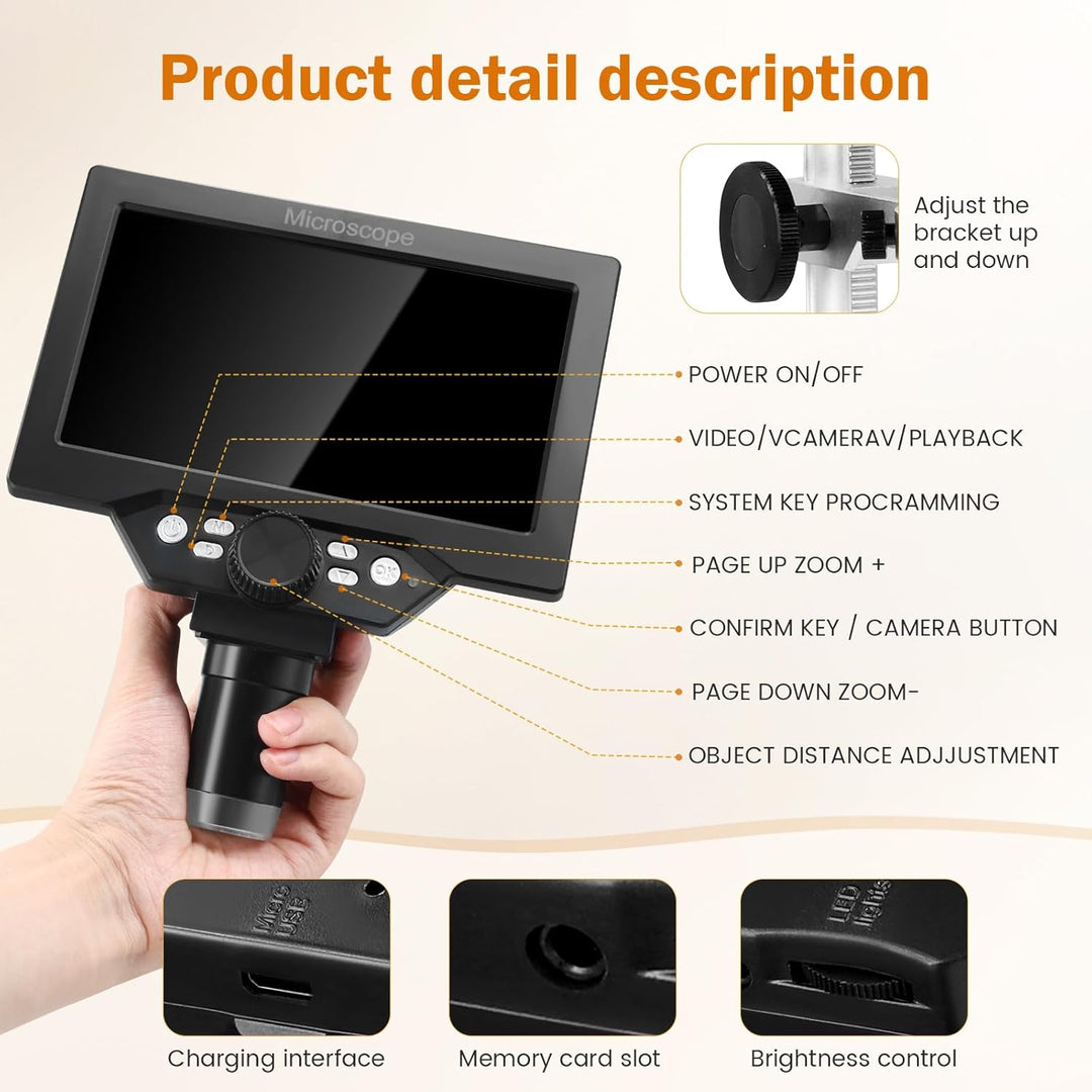 Aofesel Digitales Mikroskop 7-Zoll, G1200 LCD 3000mAh USB Digital Mikroskop, 1080P FHD-Videoaufzeich