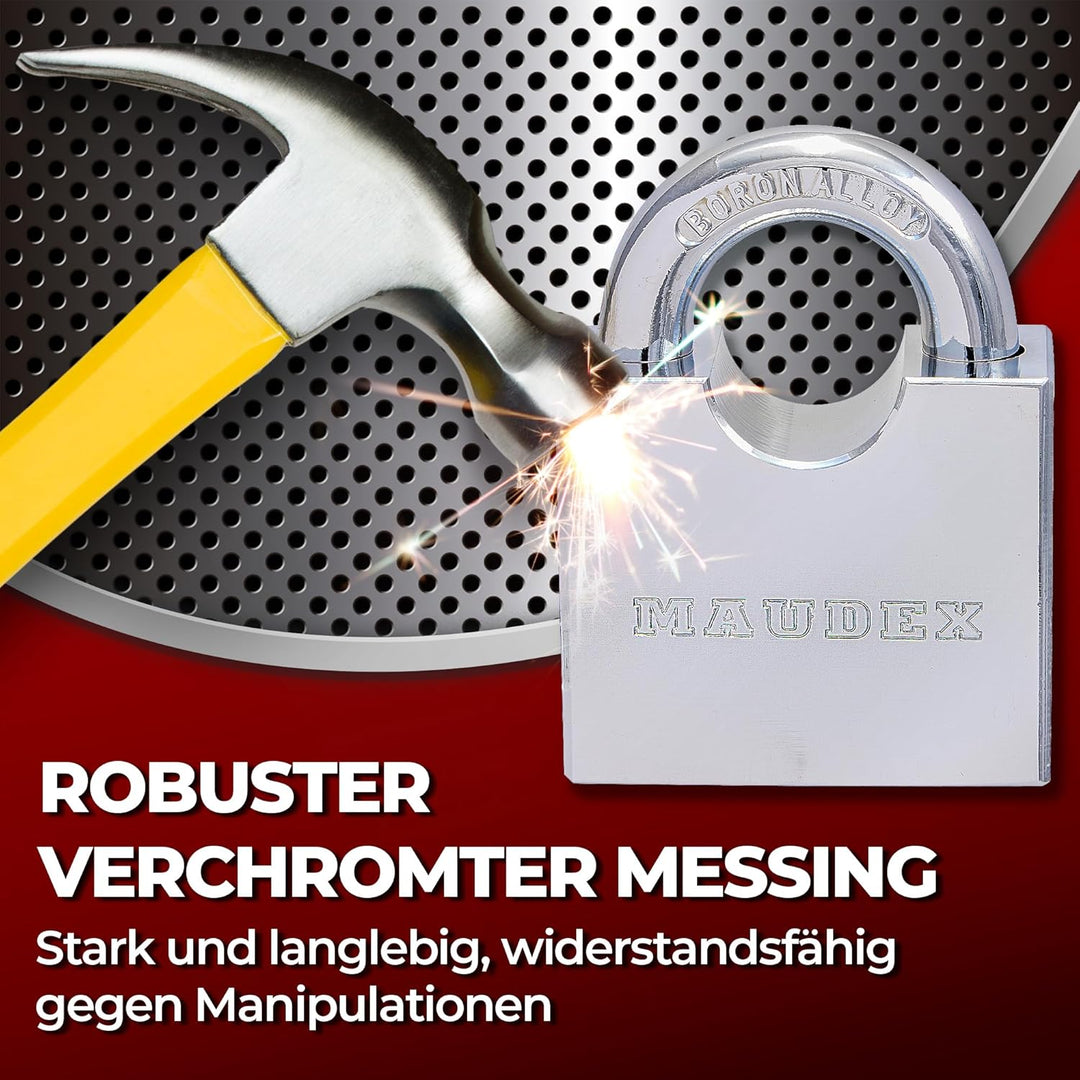 Maudex® RPB45 Hochleistungs-Vorhängeschloss – 9 mm gehärteter, schnittfester Bügel, wetterfester Chr