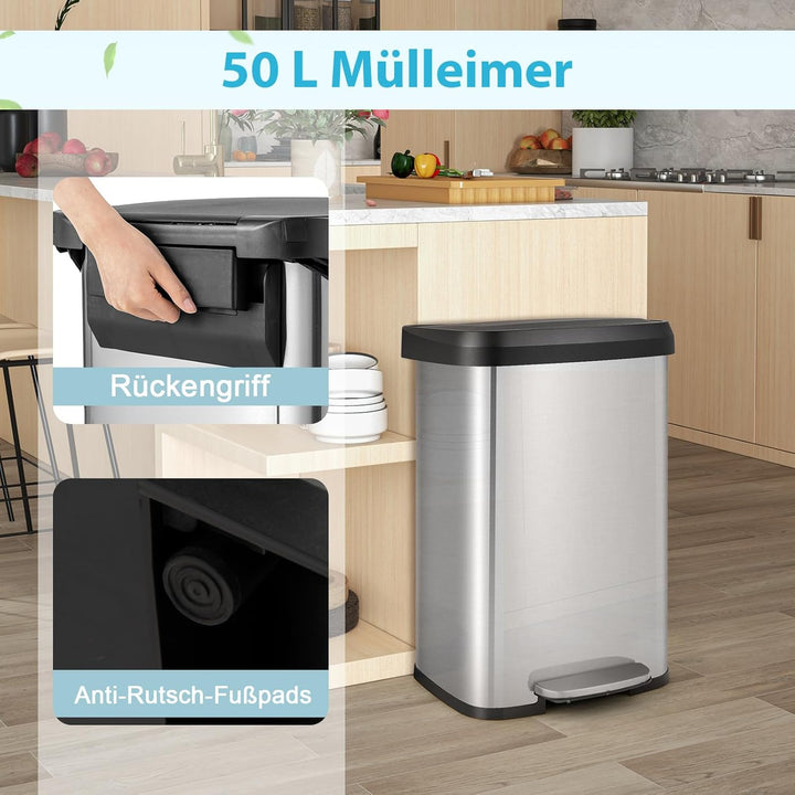 COSTWAY Mülleimer Küche, 50L Abfalleimer, Tretmülleimer mit sanft schliessendem Deckel, Mülltrennsys