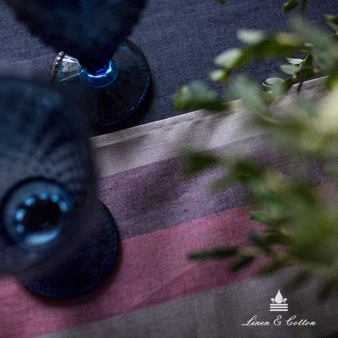 Linen &amp; Cotton Tischläufer Stoff Wasserdicht Silva -100% Leinen, Lila Rosa Grau (45 x 150 cm) Streif