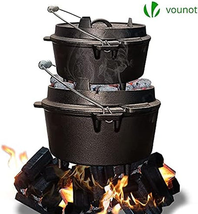 VOUNOT Dutch Oven Set 4.25 Liter, Eingebrannter Feuertopf aus Gusseisen für Garten Lagerfeuer Campin